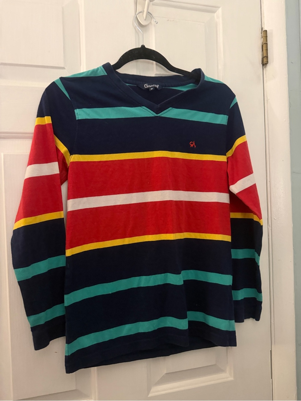 Gavazzie Navy, Red, Teal & Yellow Striped V-Neck Sweater